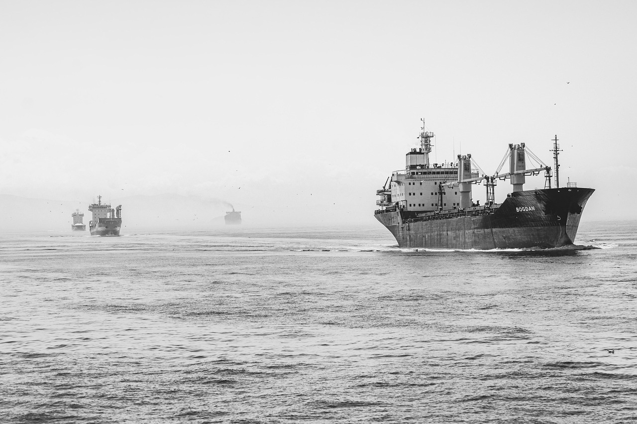 ships, ocean, sea, vessels, container ships, cargo ships, transportation, nautical, nature, monochrome, black and white
